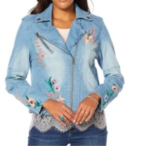 Colleen Lopez Y2K Embroidered Denim Jeans Moto Jacket Women’s Size S Elastic